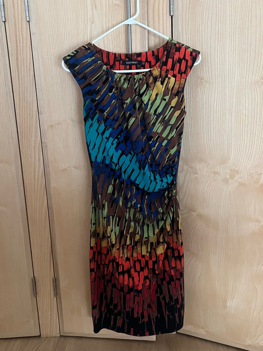 Ellen Tracy Multicolor Printed Mini Dress — Blue, Red, Green, Brown